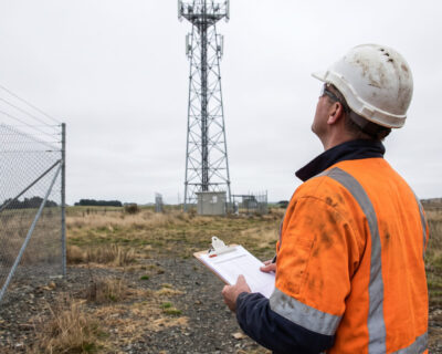 Worker in a hard hat and orange high-visibility jacket holding a clipboard and looking up at a fenced communication tower in an open field.
